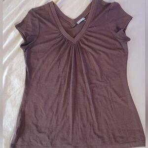 Ann Taylor Petites SP brown vneck babydoll shirt.